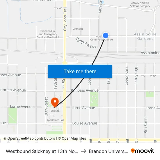 Westbound Stickney at 13th North to Brandon University map