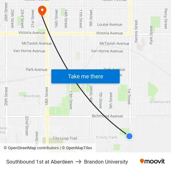 Southbound 1st at Aberdeen to Brandon University map