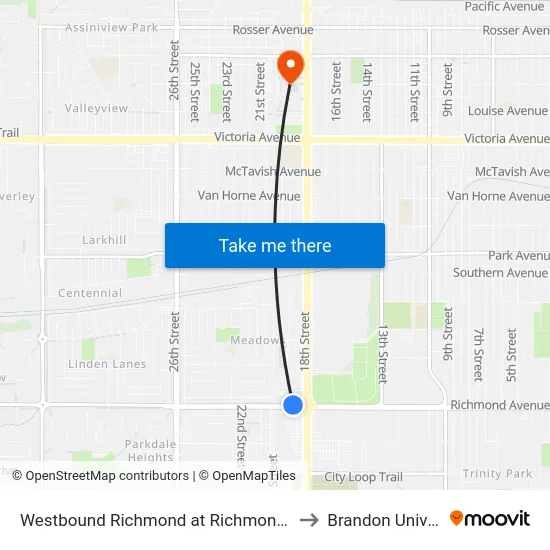 Westbound Richmond at Richmond Terminal to Brandon University map