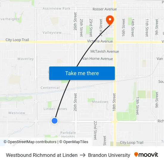 Westbound Richmond at Linden to Brandon University map