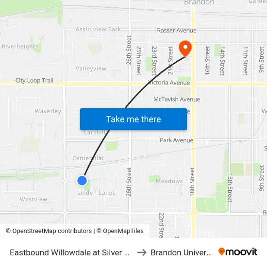 Eastbound Willowdale at Silver Birch to Brandon University map