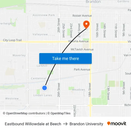 Eastbound Willowdale at Beech to Brandon University map