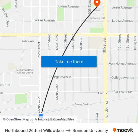 Northbound 26th at Willowdale to Brandon University map
