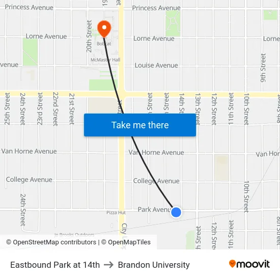 Eastbound Park at 14th to Brandon University map