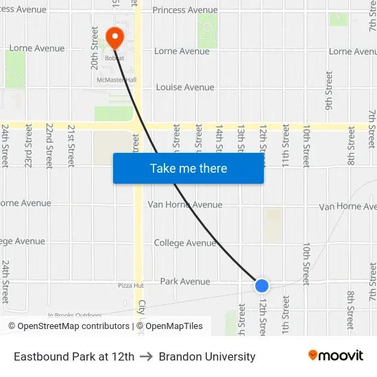 Eastbound Park at 12th to Brandon University map