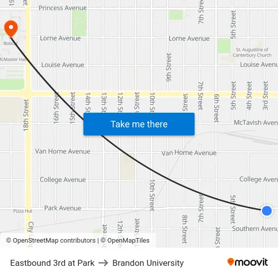 Eastbound 3rd at Park to Brandon University map