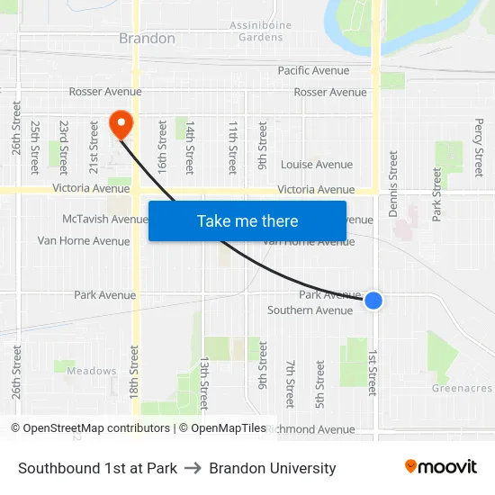 Southbound 1st at Park to Brandon University map
