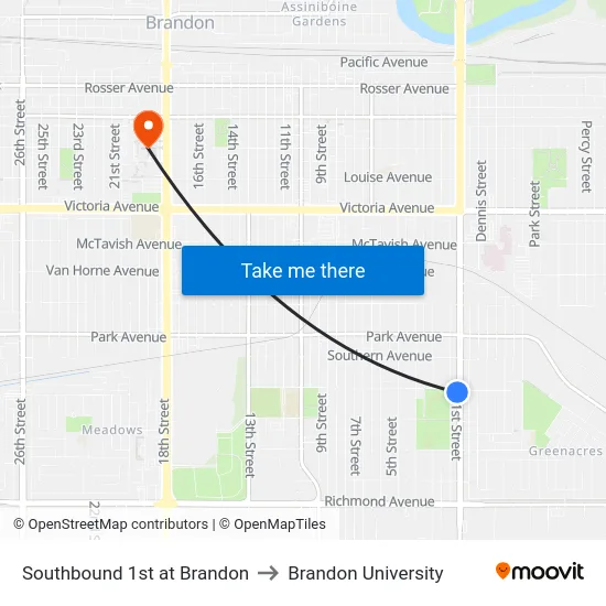Southbound 1st at Brandon to Brandon University map