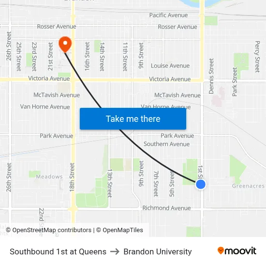 Southbound 1st at Queens to Brandon University map