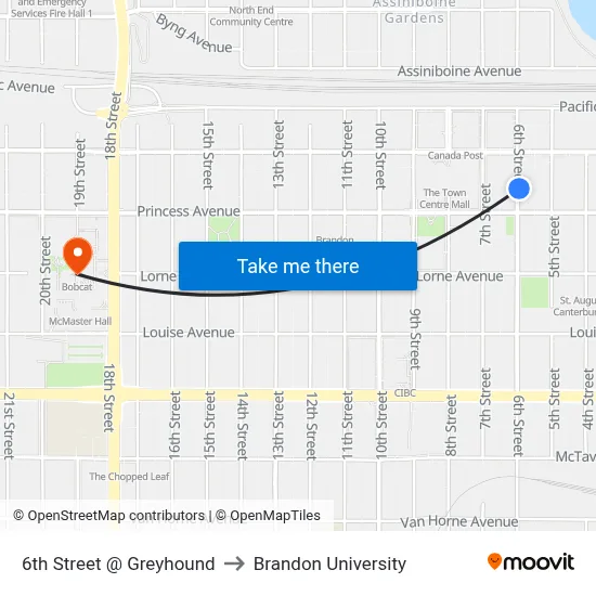 6th Street @ Greyhound to Brandon University map