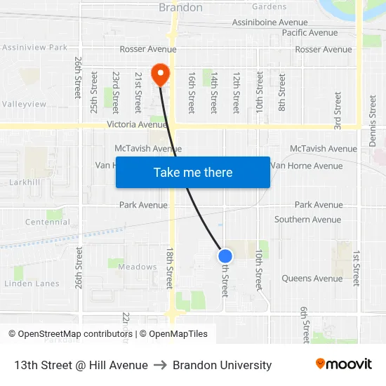 13th Street @ Hill Avenue to Brandon University map