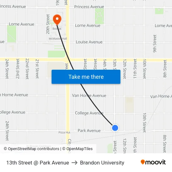 13th Street @ Park Avenue to Brandon University map