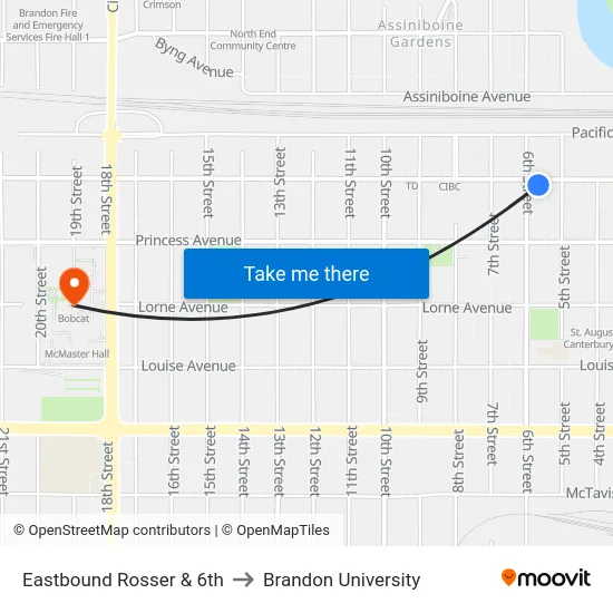 Eastbound Rosser &  6th to Brandon University map