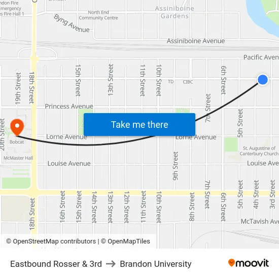 Eastbound Rosser & 3rd to Brandon University map