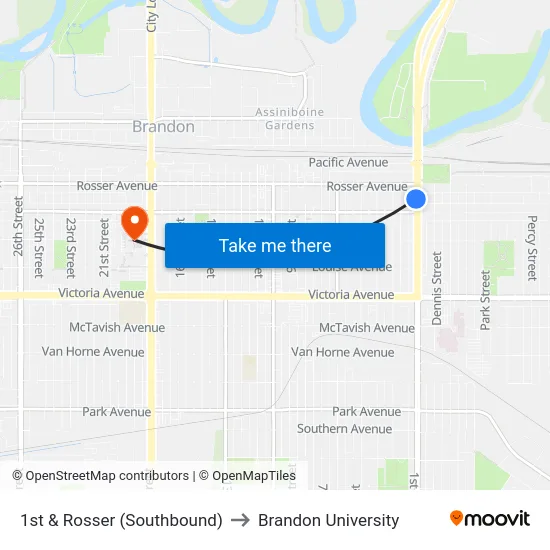1st & Rosser (Southbound) to Brandon University map