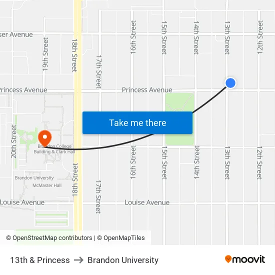 13th & Princess to Brandon University map