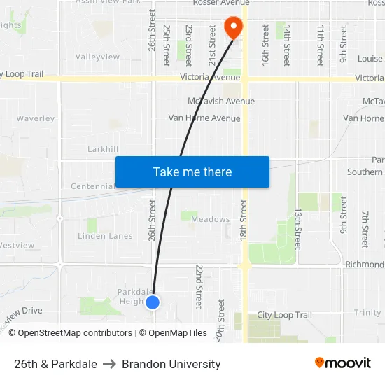 26th & Parkdale to Brandon University map