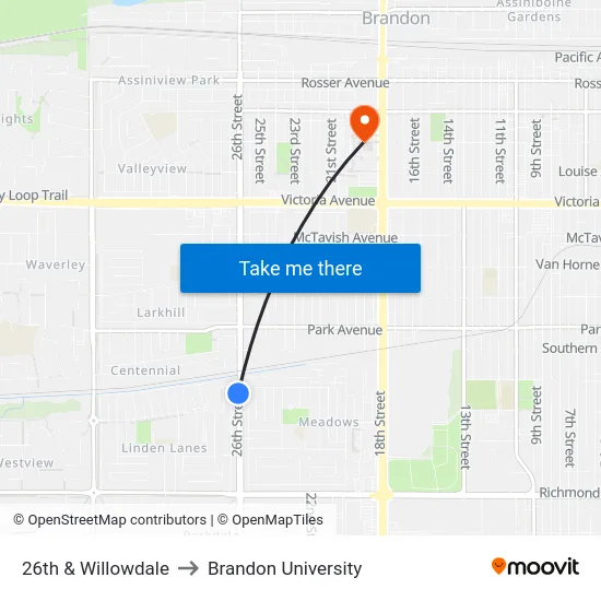 26th & Willowdale to Brandon University map