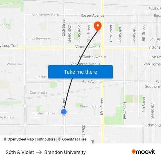 26th & Violet to Brandon University map