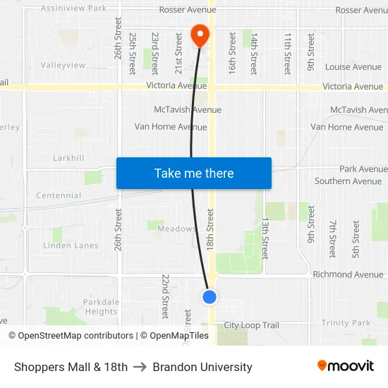 Shoppers Mall & 18th to Brandon University map