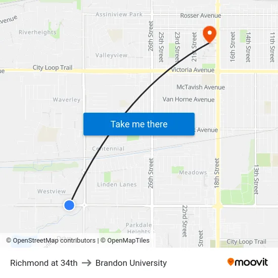 Richmond at 34th to Brandon University map
