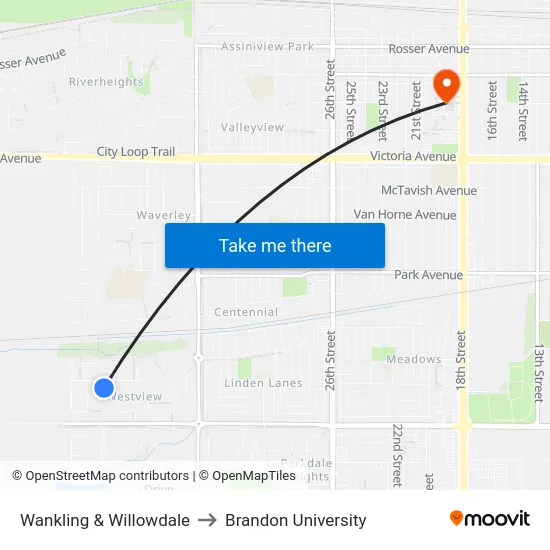 Wankling & Willowdale to Brandon University map