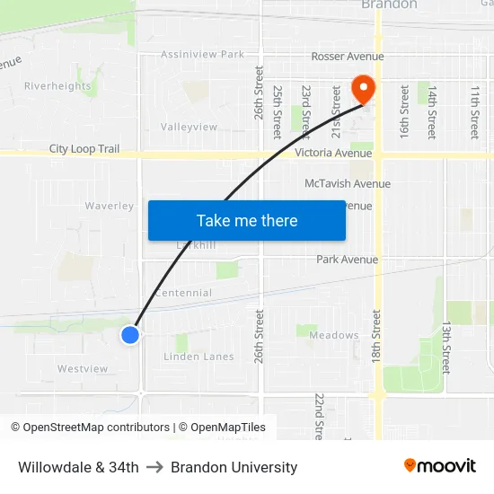 Willowdale & 34th to Brandon University map