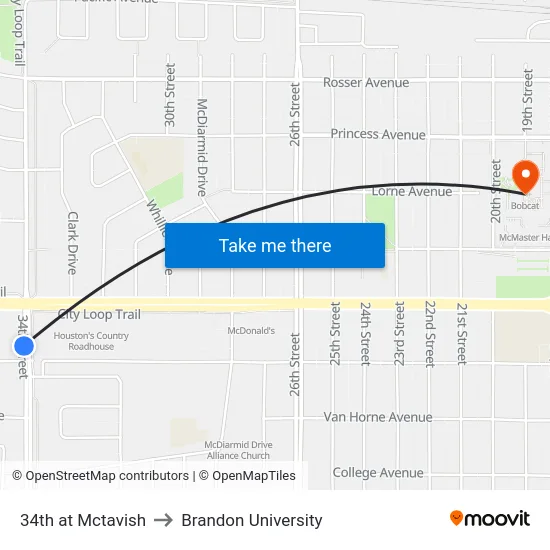 34th at Mctavish to Brandon University map