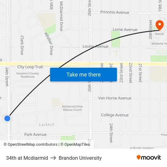 34th at Mcdiarmid to Brandon University map