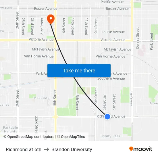 Richmond at 6th to Brandon University map