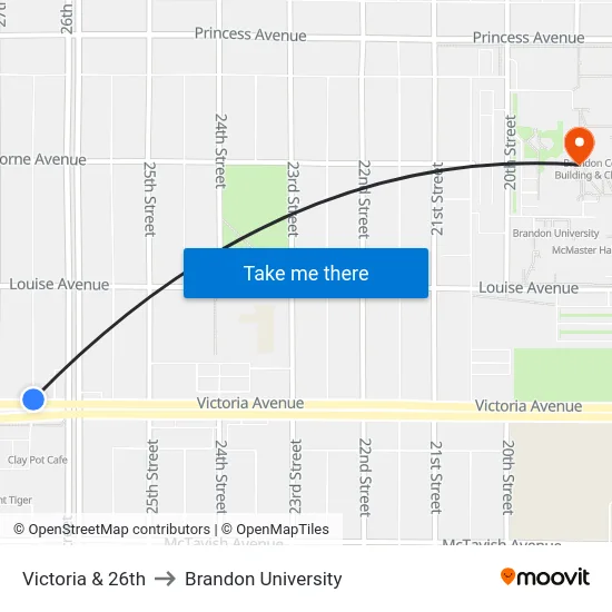 Victoria & 26th to Brandon University map