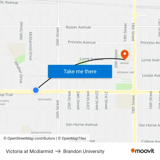 Victoria at Mcdiarmid to Brandon University map