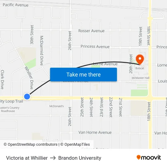 Victoria at Whillier to Brandon University map