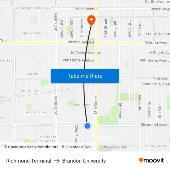 Richmond Terminal to Brandon University map