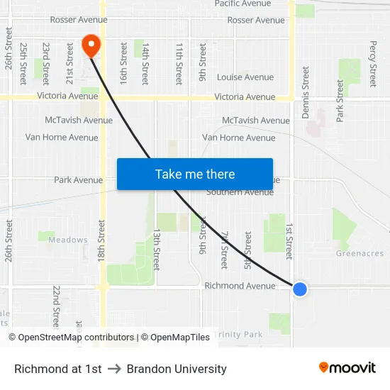 Richmond at 1st to Brandon University map