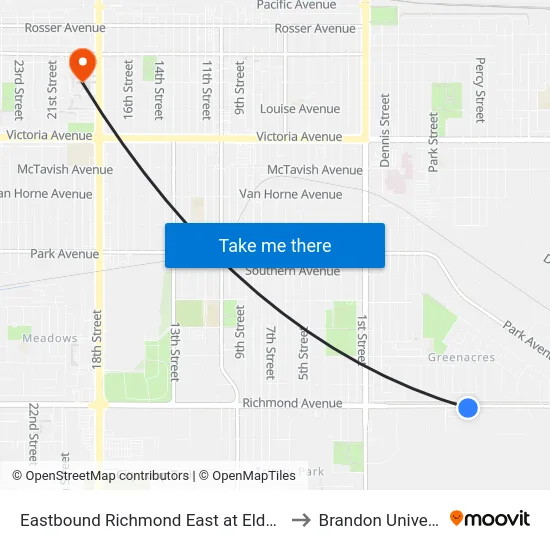 Eastbound Richmond East at Elderwood to Brandon University map