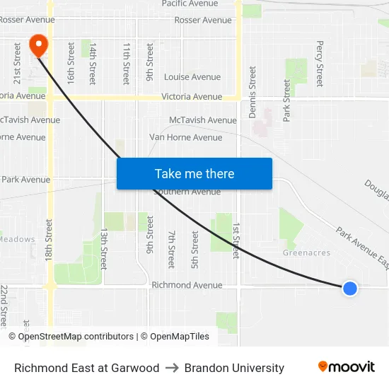 Richmond East at Garwood to Brandon University map