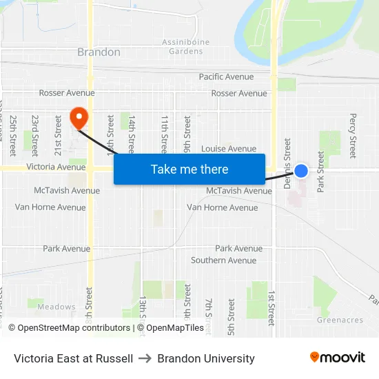 Victoria East at Russell to Brandon University map