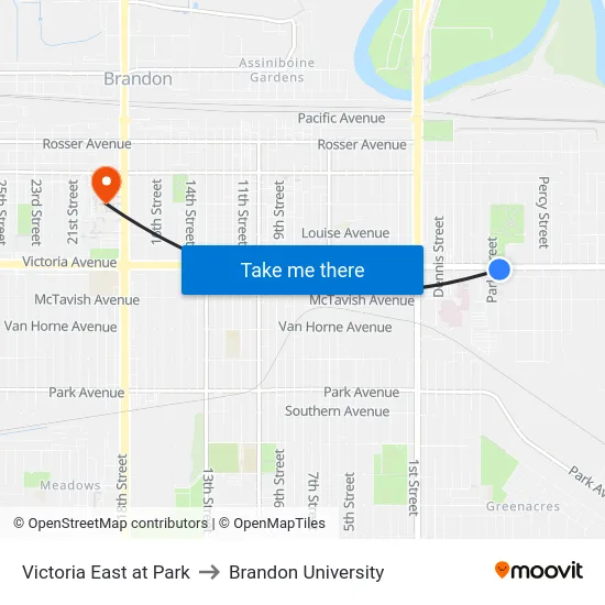Victoria East at Park to Brandon University map