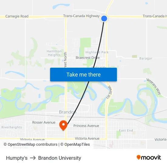 Humpty's to Brandon University map