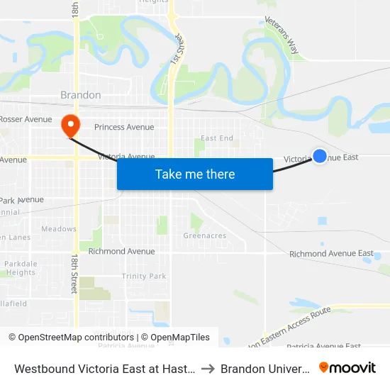 Westbound Victoria East at Hastings to Brandon University map