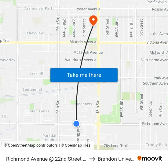 Richmond Avenue @ 22nd Street (North) to Brandon University map