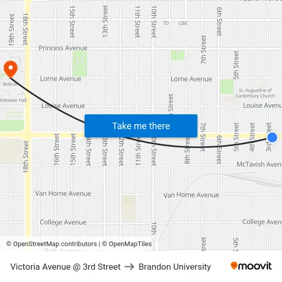 Victoria Avenue @ 3rd Street to Brandon University map