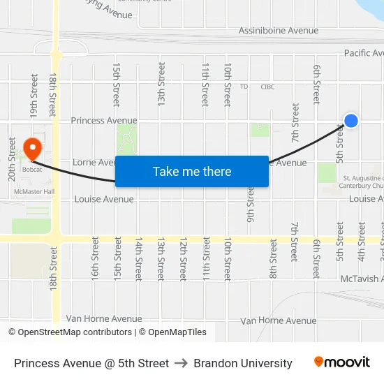 Princess Avenue @ 5th Street to Brandon University map