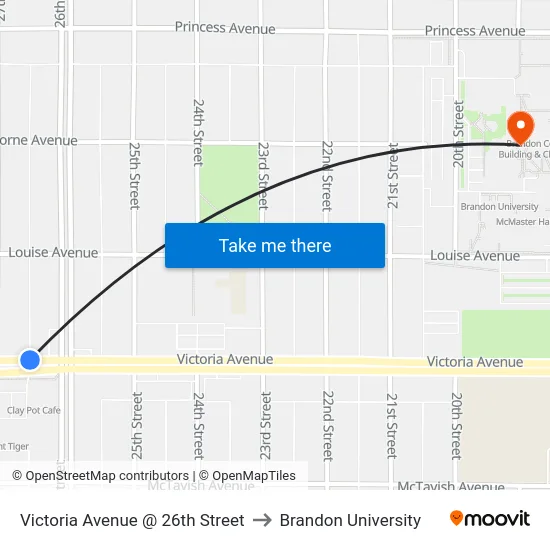 Victoria Avenue @ 26th Street to Brandon University map