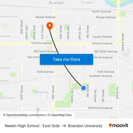 Neelin High School - East Side to Brandon University map