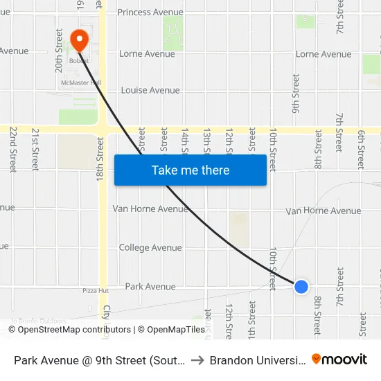 Park Avenue @ 9th Street (South) to Brandon University map