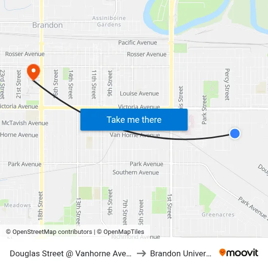Douglas Street @ Vanhorne Avenue to Brandon University map