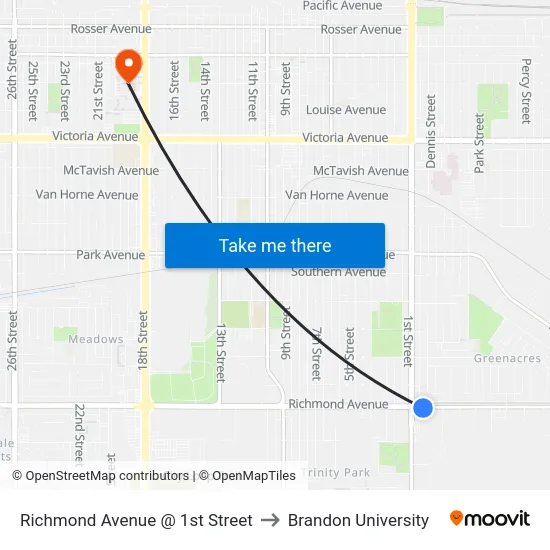 Richmond Avenue @ 1st Street to Brandon University map