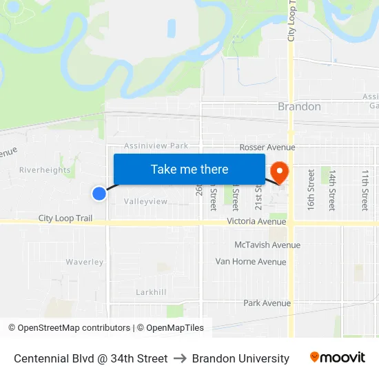 Centennial Blvd @ 34th Street to Brandon University map